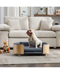 6thdruple Mid-Century Wood Pet Bed with Velvet Cushion