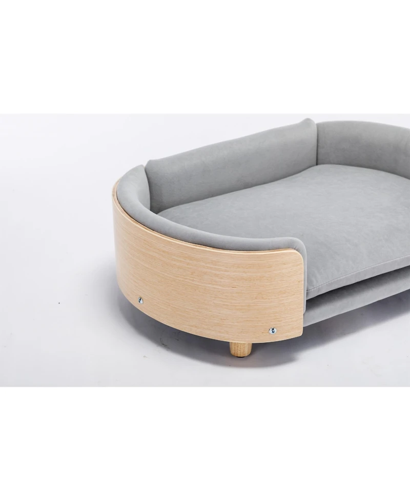 Aostirmotor Mid-Size Light Grey Scandinavian Elevated Dog Bed with Solid Wood Legs and Velvet Cushion