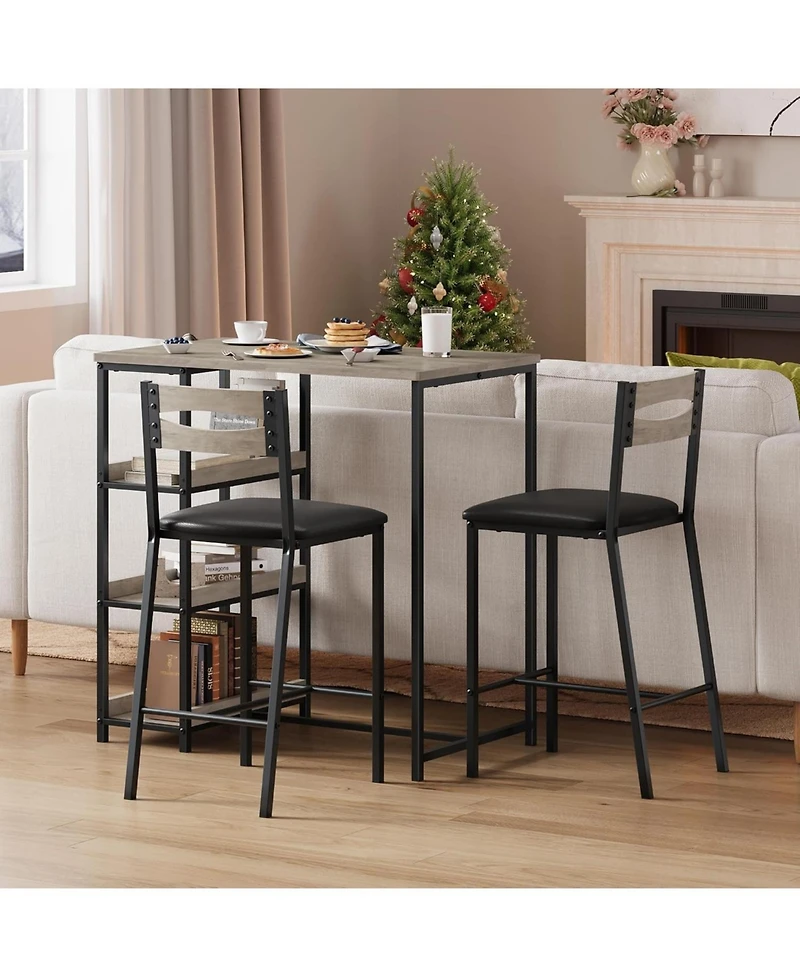 gaomon 3-Piece Kitchen Table Set with Storage & 2 Upholstered Chairs, Industrial Iron & Wood, Space Saving for Apartments