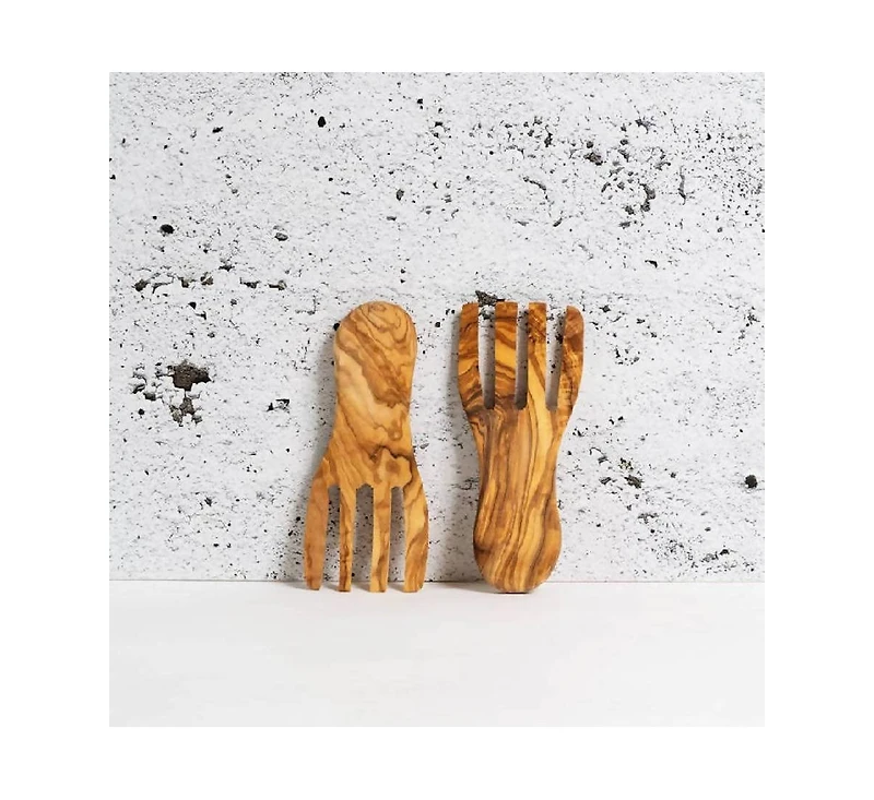 Gharyan Stoneware, Olive Wood Salad Servers Flat Forks Set