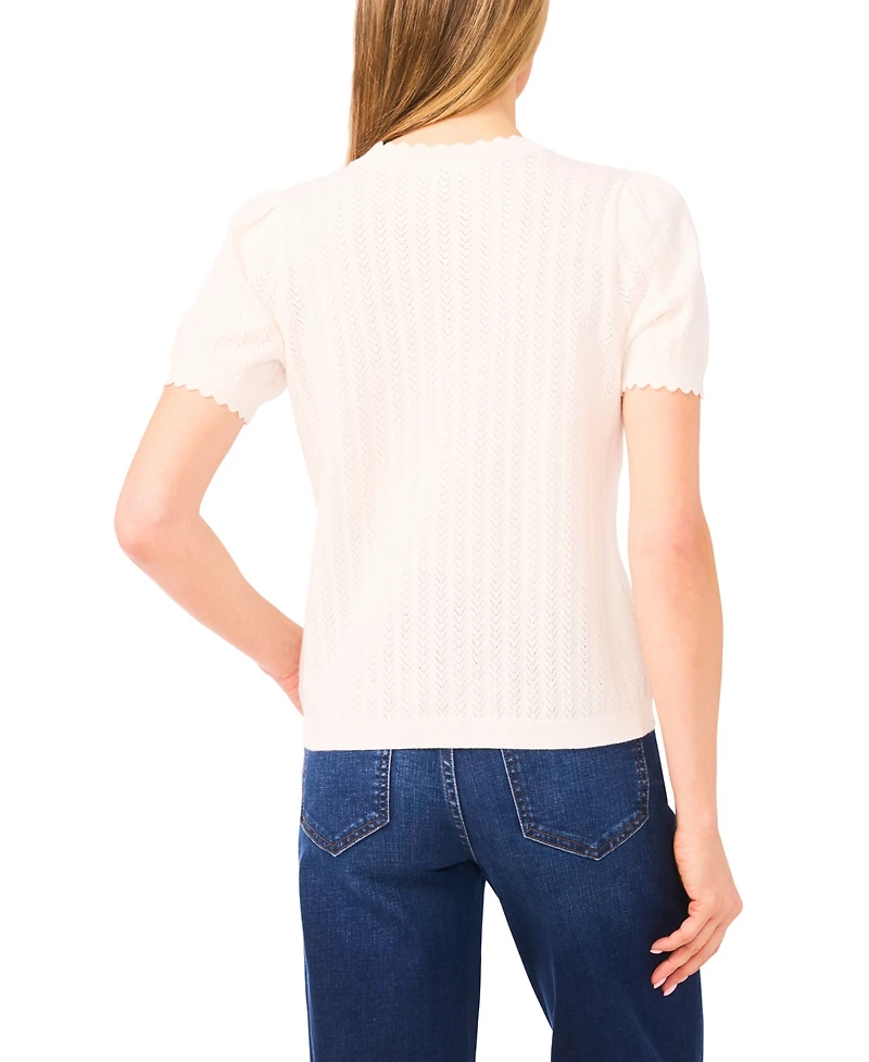 CeCe Women's Crew Neck Pointelle Sweater