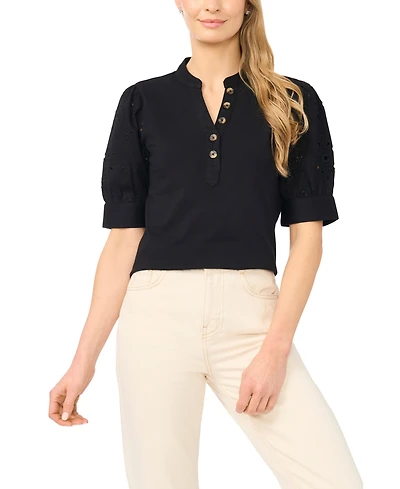 CeCe Women's Henley Puff-Sleeve Cotton Top