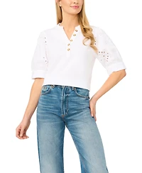 CeCe Women's Henley Puff-Sleeve Cotton Top