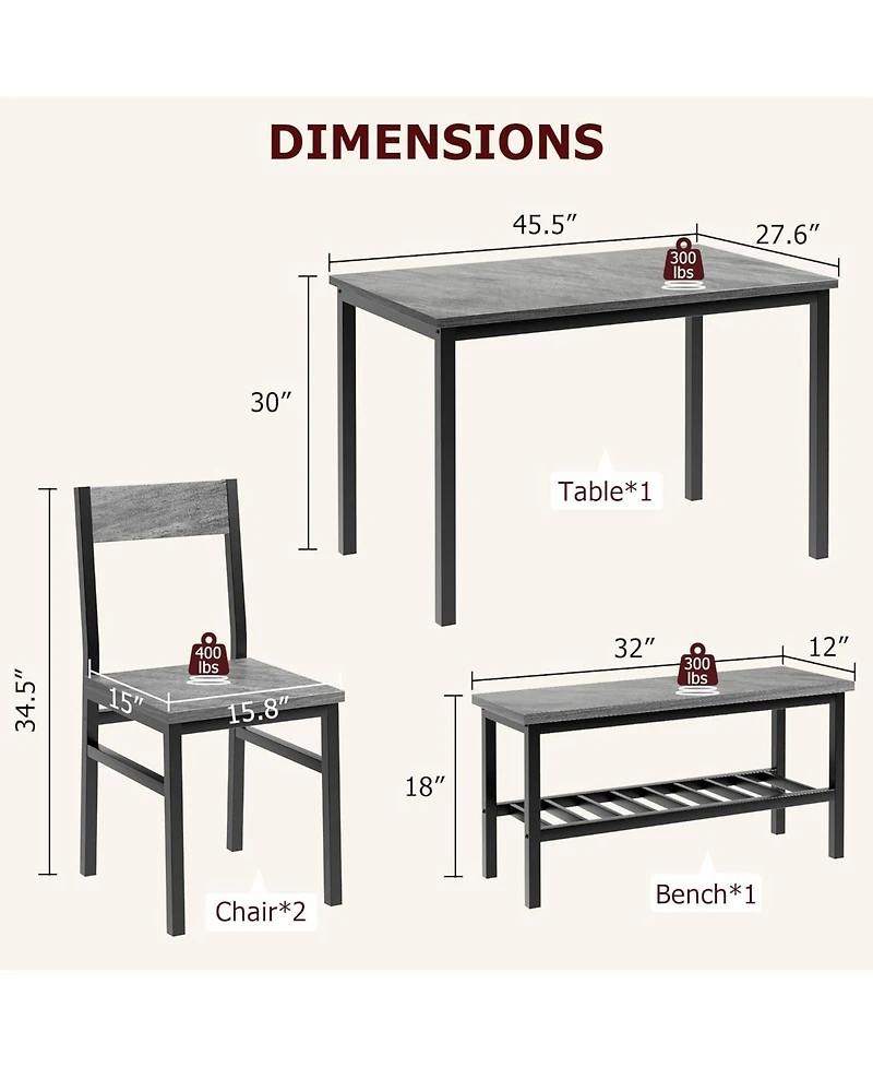 gaomon 4-Piece Dining Table Set with 2 Chairs & Bench, Metal Frame, Storage Rack, Modern Space-Saving Set for Home Restaurant