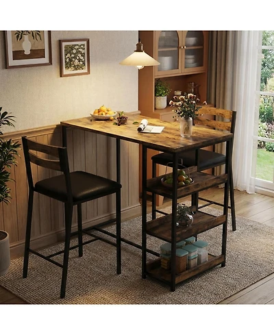 gaomon 3-Piece Kitchen Table Set with Storage Shelves & 2 Upholstered Chairs, Space-Saving Iron & Wood Set for Apartments