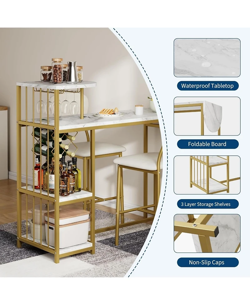gaomon Expandable 3-Piece Dining Table Set for 2, Bar Table & Chairs with Storage Shelves, Wine Rack