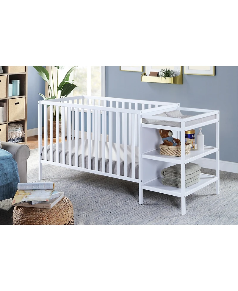 Flynama 3 in 1 convertible crib and changer combo solid wood 3 position mattress support attached changing table storage for baby nursery