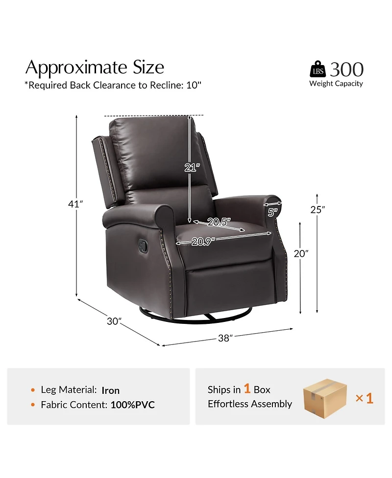 Hulala Home Philip 38" Traditional Faux Leather Swivel Rocker Manual Recliner