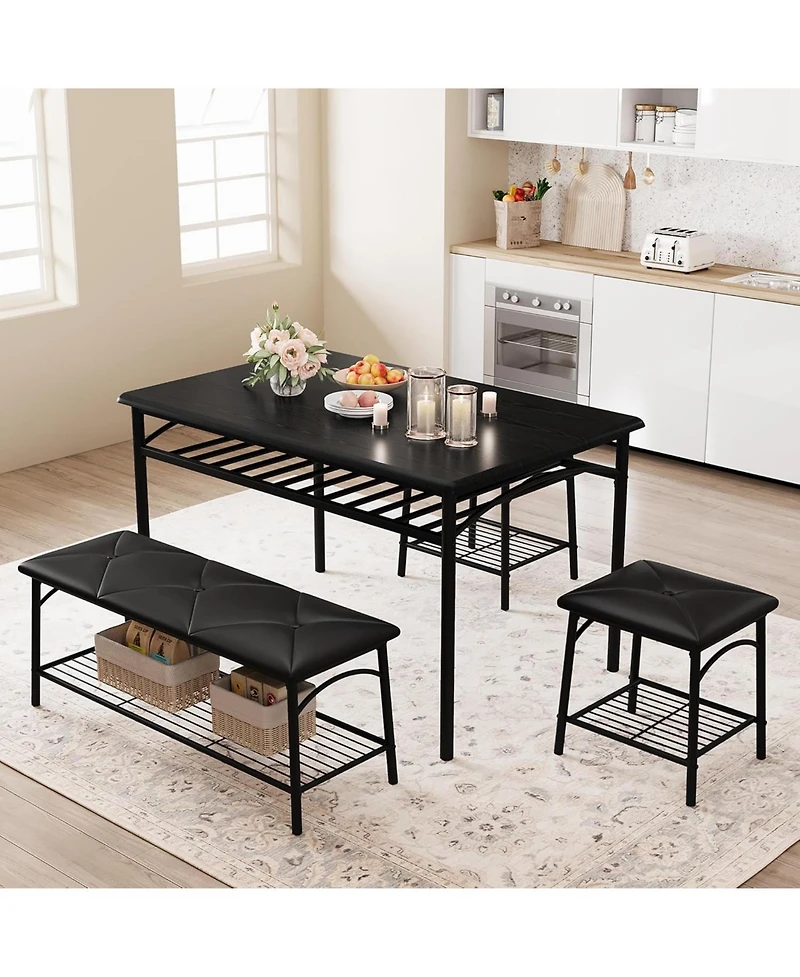 gaomon Industrial 4-Piece Dining Table Set for 4, Wood Tabletop Table, 2 Padded Chairs & Bench, Metal Frame Set with Storage