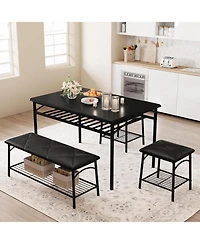 gaomon Industrial 4-Piece Dining Table Set for 4, Wood Tabletop Table, 2 Padded Chairs & Bench, Metal Frame Set with Storage