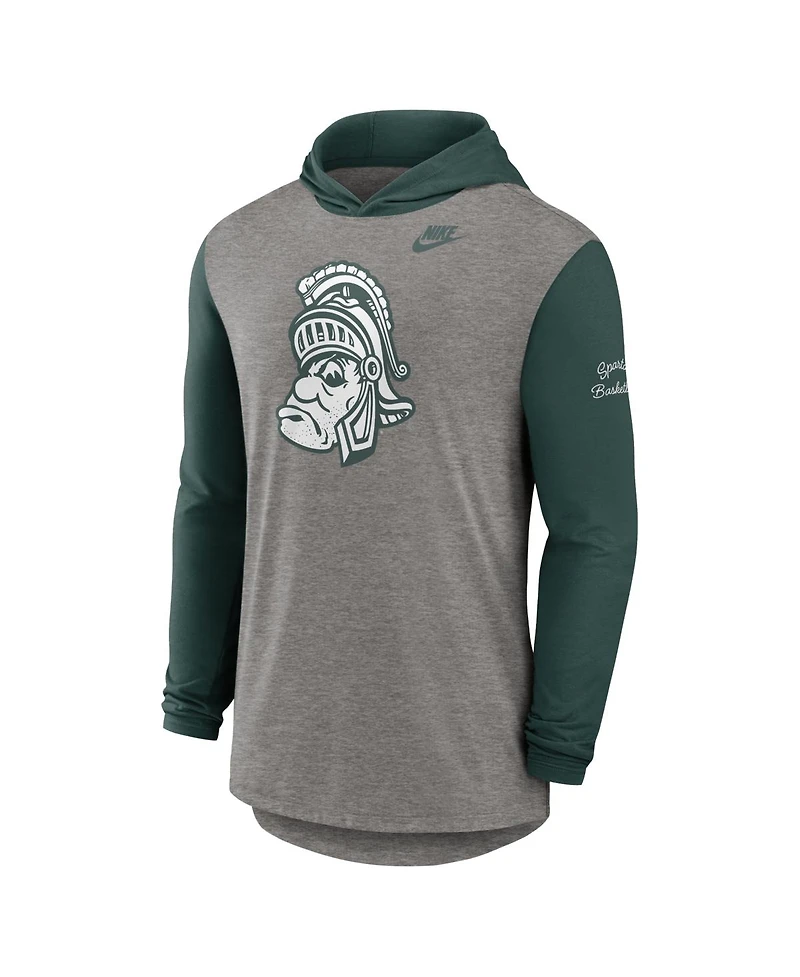 Nike Men's Heather Gray/Green Michigan State Spartans Campus Legacy Tri-Blend Long Sleeve Hooded T-Shirt