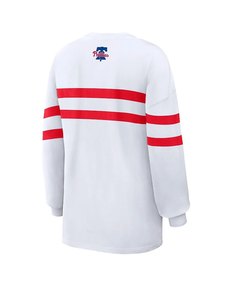 Wear by Erin Andrews Women's White Philadelphia Phillies Oversized Long Sleeve Striped T-Shirt