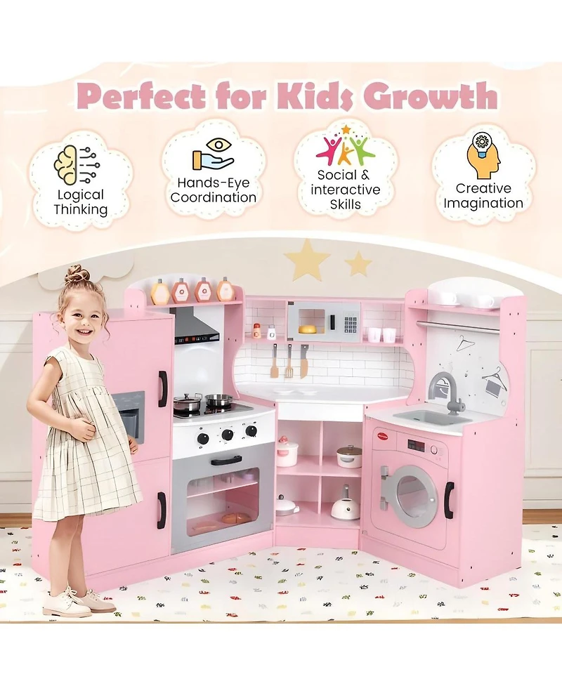 Kids Wooden Corner Play Kitchen with Storage and Cooking Features