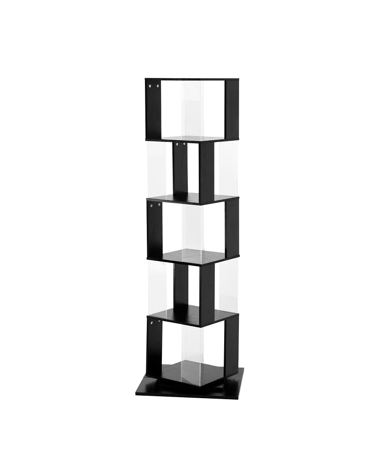 Rainsken 360° Rotating Bookshelf, 5-Tier Floor Standing Bookcase, Modern Display Rack with Acrylic Plate, Anti-toppling Base for Living Room