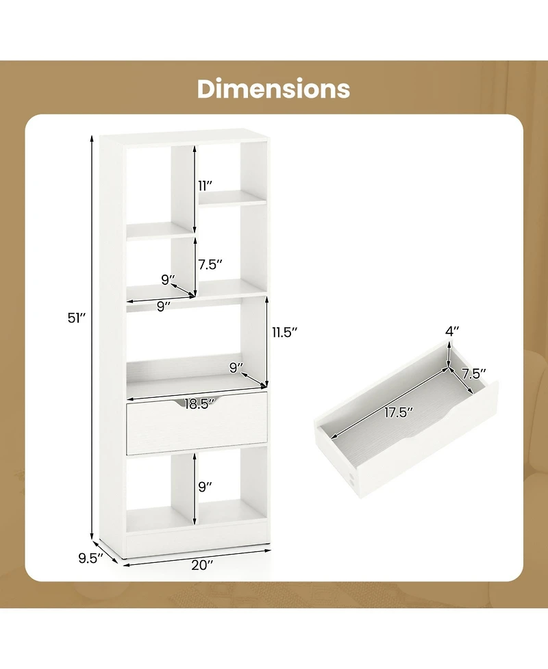 Slickblue 51 Inch Bookcase with Drawer and 7 Storage Compartments