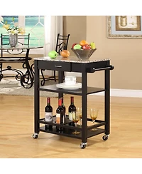 Kings Brand Furniture Faux Marble with Wood Kitchen Buffet Serving Cart, Black Finish