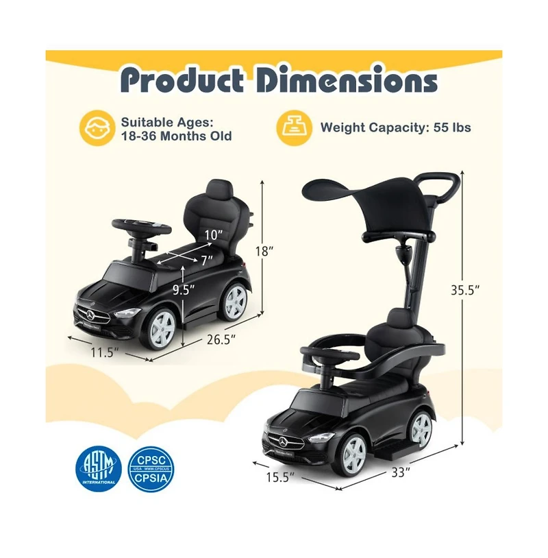 Hongge 3 1 Mercedes Benz Licensed Push Ride On Car with Canopy Steering Wheel and Storage for Toddlers