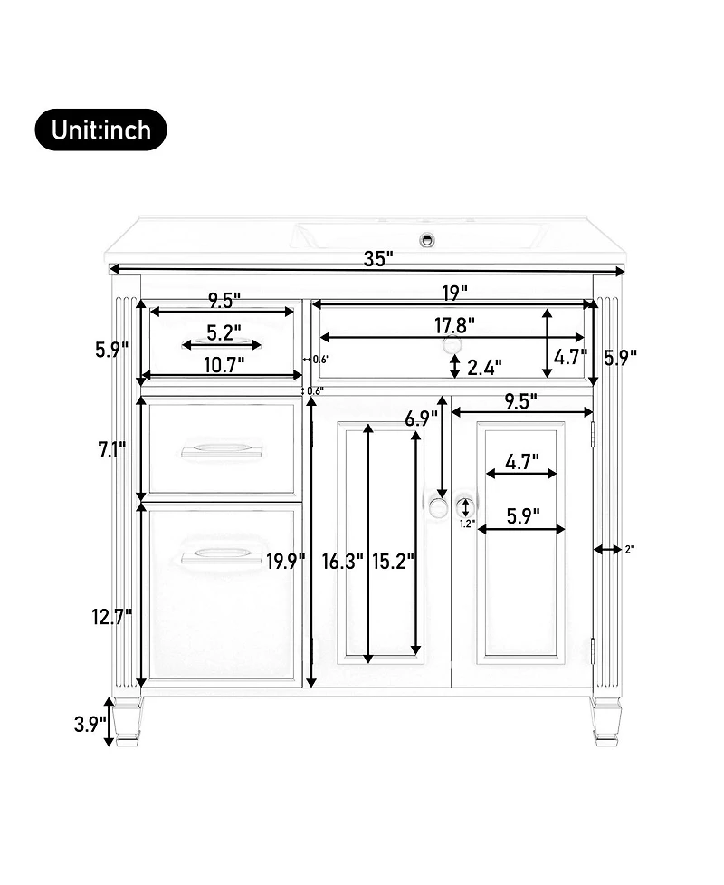Sillysis 36" Bathroom Vanity with Ceramic Sink, Freestanding Cabinet Tip-Out & Side Drawers, Adjustable Shelf, Modern Storage