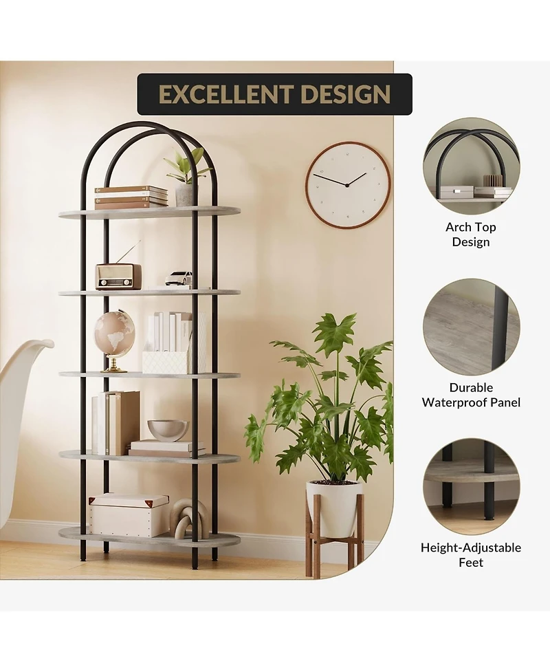 gaomon 71" Arched Bookshelf, 5-Tier Open Bookcase, Freestanding Tall Display Shelf with Metal Frame for Home