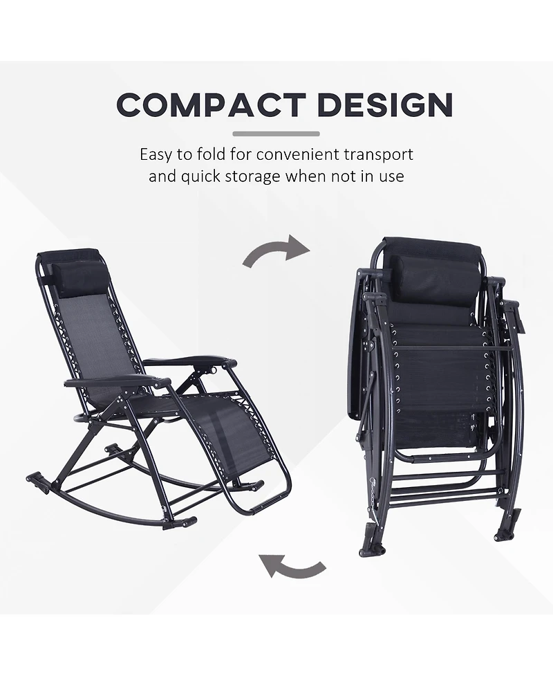 Outsunny Zero Gravity Reclining Rocking Chair, Lounge Rocker, Folding, Pillow, Side Tray, Cup and Phone Holder