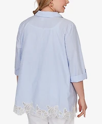 Ruby Rd. Plus Coastal Stripe Lace-Hem Henley Top