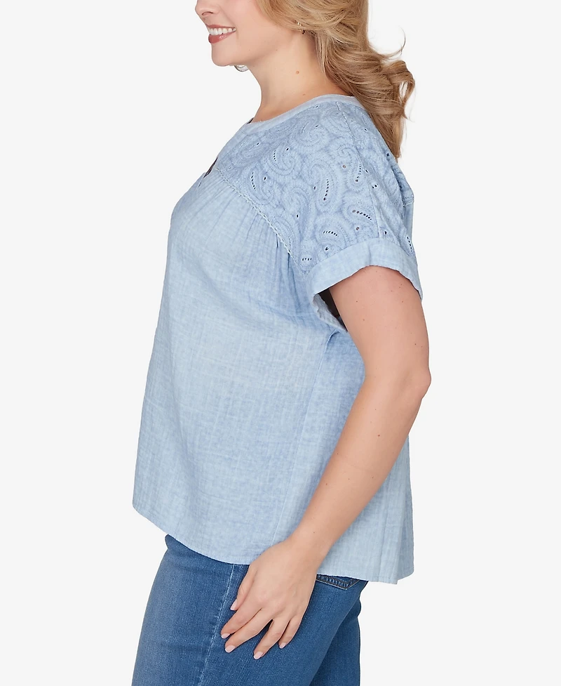 Ruby Rd. Plus Paisley Embroidered Gauze Button T-Shirt
