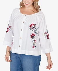 Ruby Rd. Plus Floral Embroidered Poplin Button Front Top