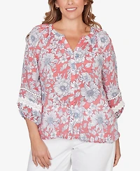 Ruby Rd. Plus Floral Silky Gauze Peasant Button Front Top