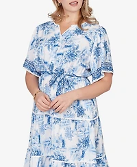 Ruby Rd. Plus Floral Toile Tie-Waist Tiered Dress
