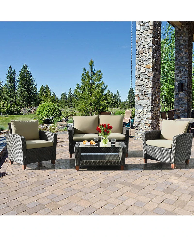 Gymax 4PCS Cushioned Rattan Conversation Set w/ Coffee Table Patio Outdoor