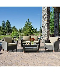 Gymax 4PCS Cushioned Rattan Conversation Set w/ Coffee Table Patio Outdoor