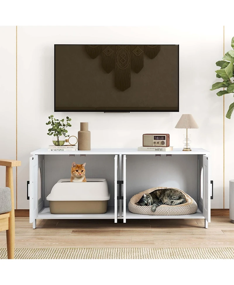 Gymax Cat Litter Box Enclosure for 2 Cats w/ Double Rooms Wooden Cat Washroom Cabinet
