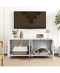 Gymax Cat Litter Box Enclosure for 2 Cats w/ Double Rooms Wooden Cat Washroom Cabinet