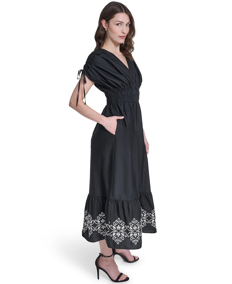 Vince Camuto Women's V-Neck Embroidered Hem Midi Dress