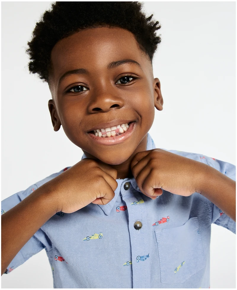 Kids Headquarters Boys' 2T-5 Short-Sleeve Racecar Print Oxford Shirt & Shorts, 2-Piece Set