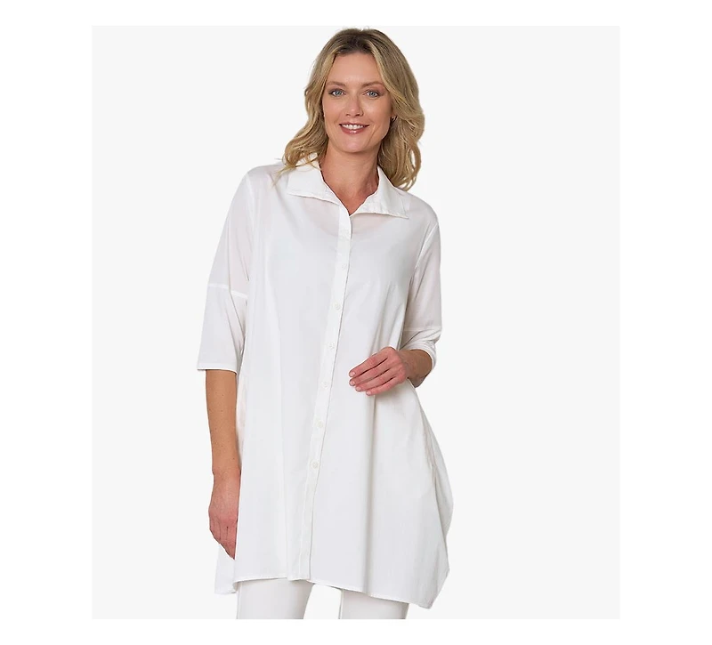 Stella Carakasi Women's 3/4 Sleeve Button-Front Cotton Poplin And Jersey Shirt Top Tiburon Tunic Icon