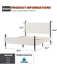 gaomon Queen Bed Frame with Velvet Headboard, Upholstered Corduroy Platform, Wood Slats Support