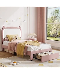gaomon Twin Upholstered Led Bed Frame with Storage Drawer and Cat Headboard, Velvet Princess Platform Bed for Kids