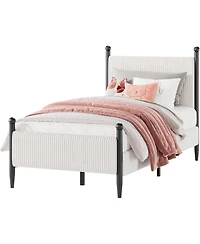 gaomon Twin Bed Frame with Velvet Headboard, Upholstered Corduroy Platform, Wood Slats Support