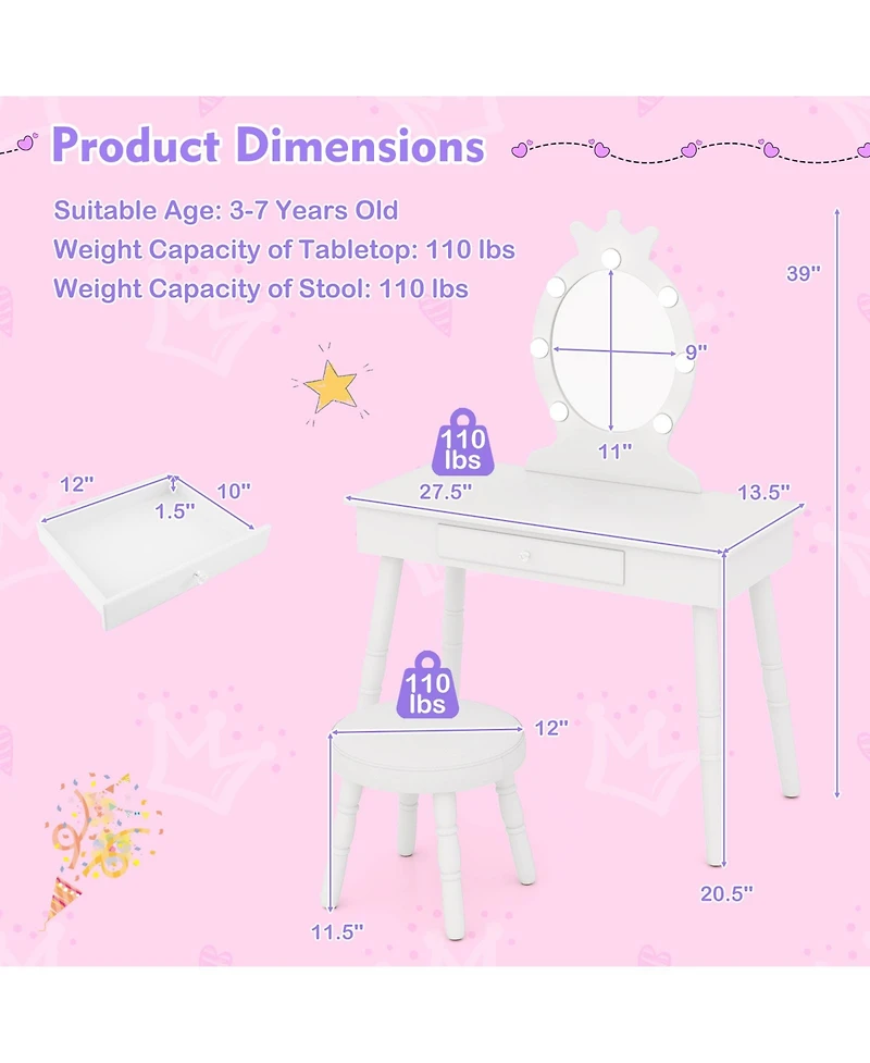 Sugift Kids Vanity Set with Lighted Mirror and Large Storage Drawer