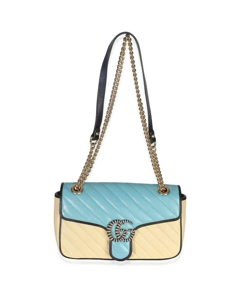 Pre-Owned Gucci Blue Yellow Calfskin Matelasse Diagonal Torchon Small Gg Marmont Bag