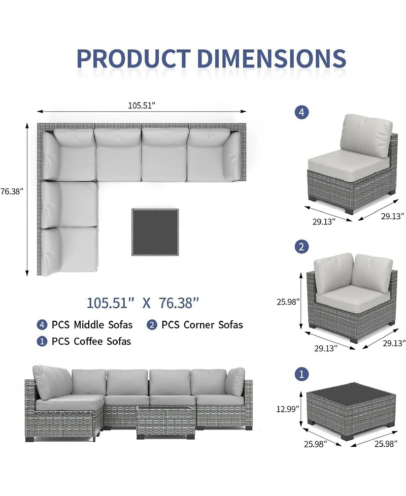 gaomon 7-Piece Wicker Patio Sofa Set Pe Rattan Conversation Sectional with Cushions Glass Table