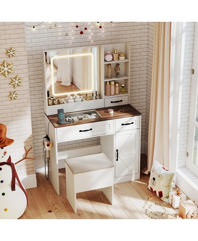 Sugift Farmhouse Vanity Desk with Mirror and Built In Lights