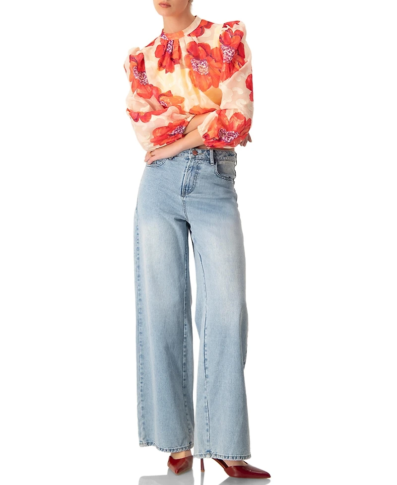 Ivonne Women's Shimmering Printed Blouse with Pleated Round Neck