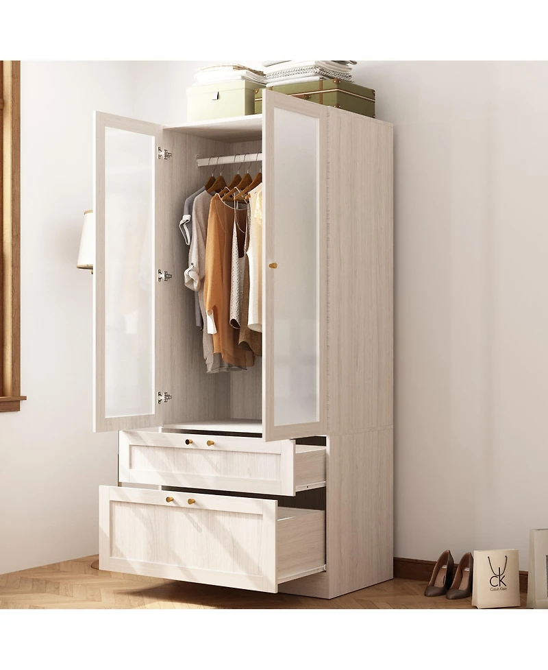 Famapy Wardrobe Closet with 2 Glass Doors and 2 Drawers, Wardrobe Closet Armoire with Hanging Rod