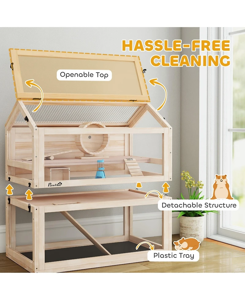PawHut Wooden Hamster Cage, 3-Tier Small Animal Cage with Hut, Seesaw, Ramps