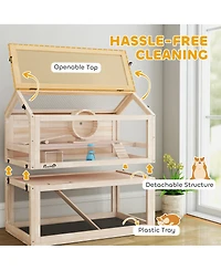 PawHut Wooden Hamster Cage, 3-Tier Small Animal Cage with Hut, Seesaw, Ramps