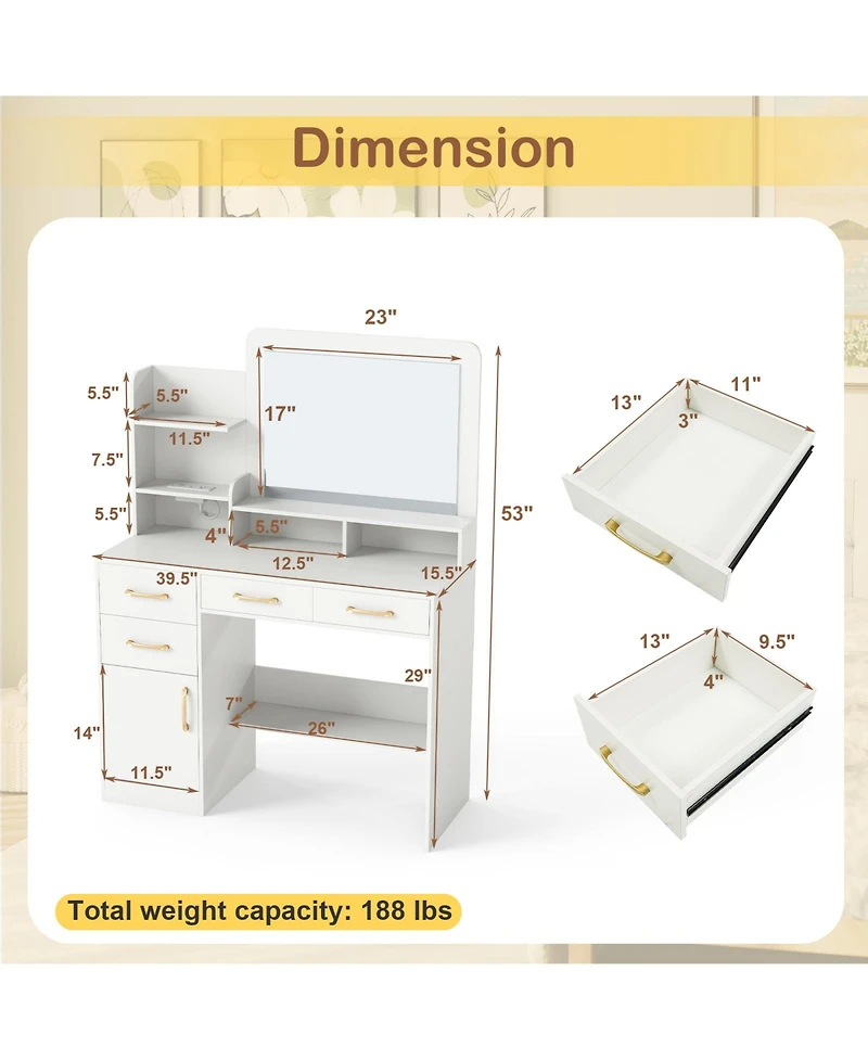 Sugift 39.5 in Vanity Desk with Mirror and Power Outlets