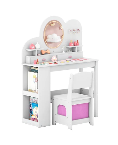 Sugift Kids Vanity Table and Chair Set with Lights Drawers Bookshelf