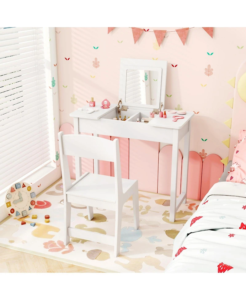 Sugift 2 in 1 Kids Vanity Makeup Table and Chair with Flip Mirror